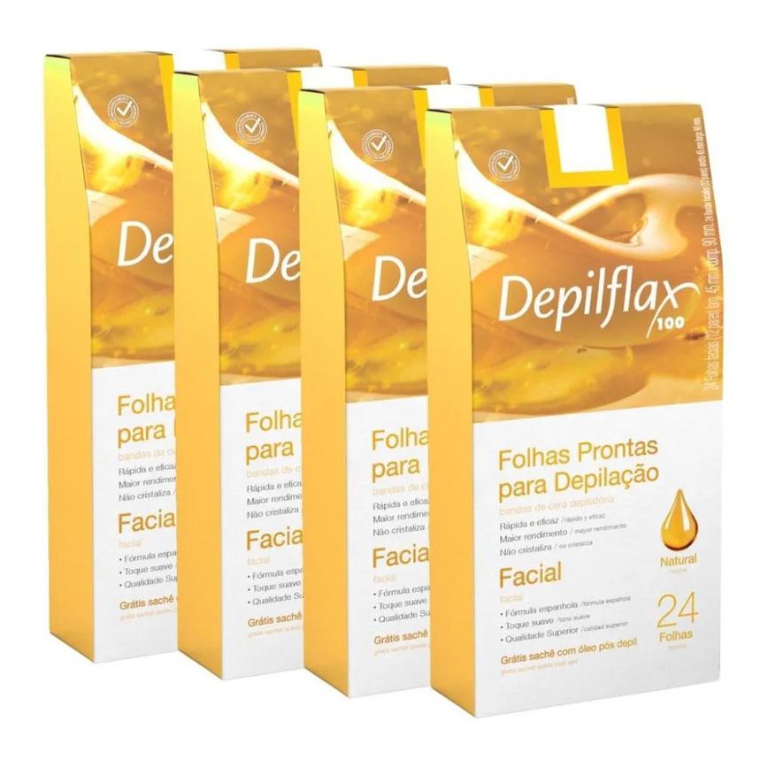 Kit 4x Folhas Depilatorias Facial Suave Depilflax Natural 24 unidades