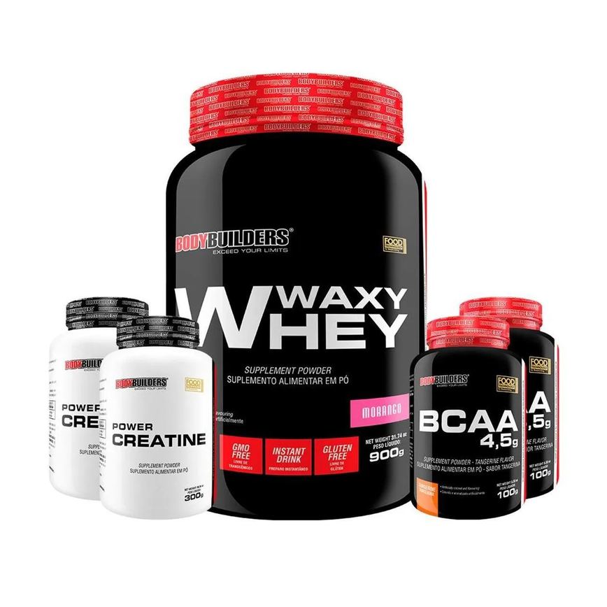 Kit Whey Protein Waxy Whey Pote 900g + 2x Bcaa 100g + 2x Power Creatina 100g - Kit para Ganho de Massa Muscular - Morango