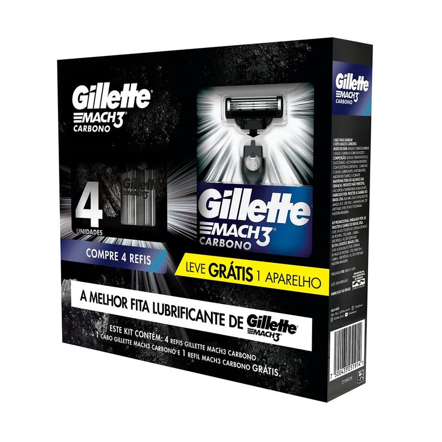 Kit Aparelho de Barbear Descartável Gillette Mach3 Carbono Carvão Ativado + 4 Refis