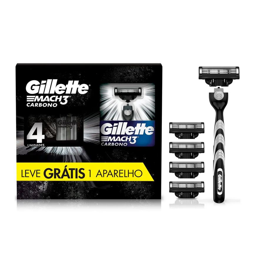 Kit Aparelho de Barbear Descartável Gillette Mach3 Carbono Carvão Ativado + 4 Refis