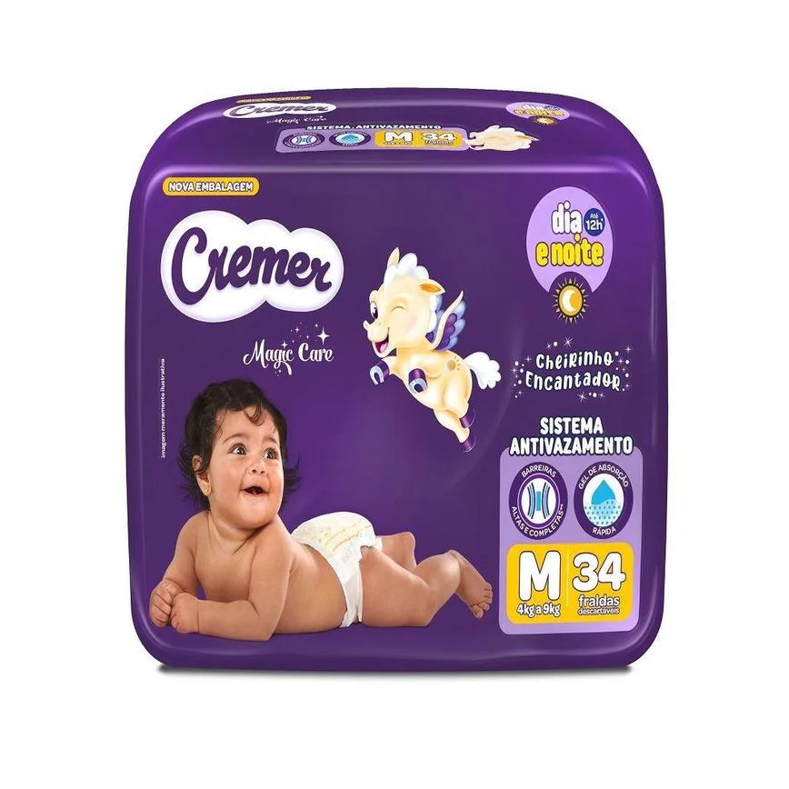 Fralda Descartável Cremer Magic Care Econômica Tamanho M - 8 Pacotes com 34 Fraldas - Total 272 Tiras