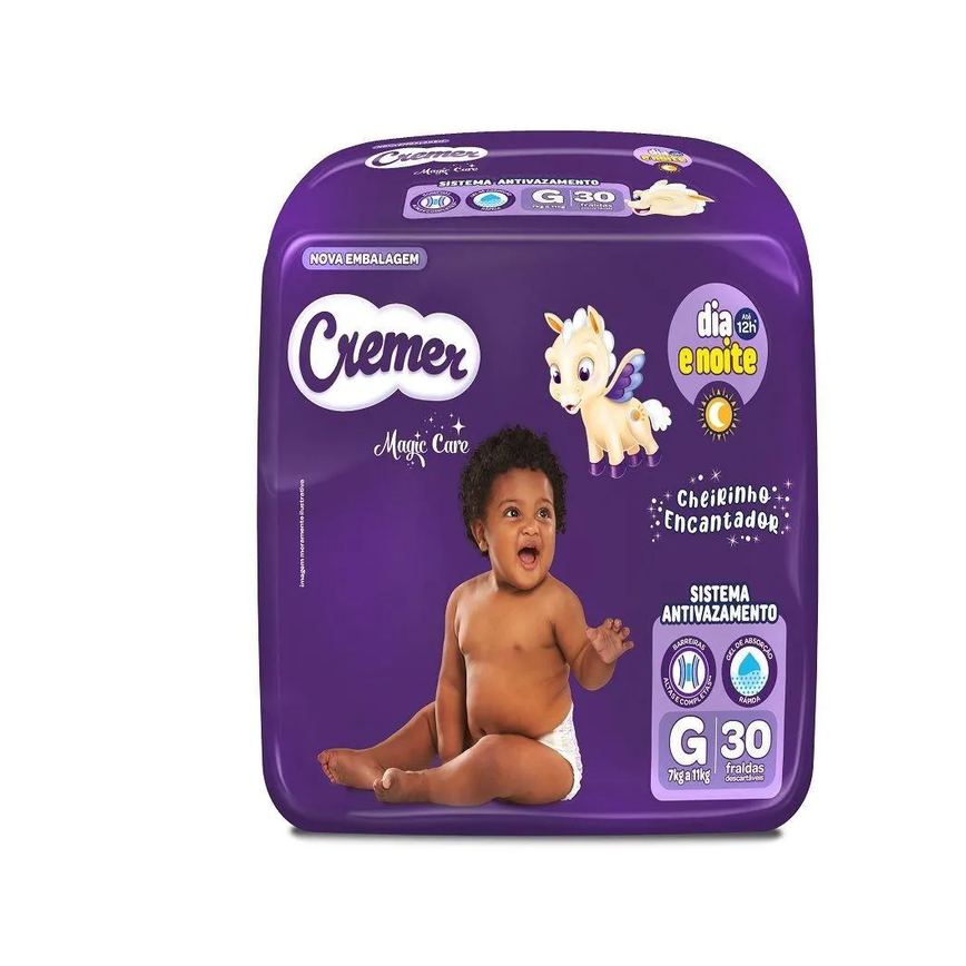 Fralda Descartável Cremer Magic Care Econômica Tamanho G - 8 Pacotes com 30 Fraldas - Total 240 Tiras