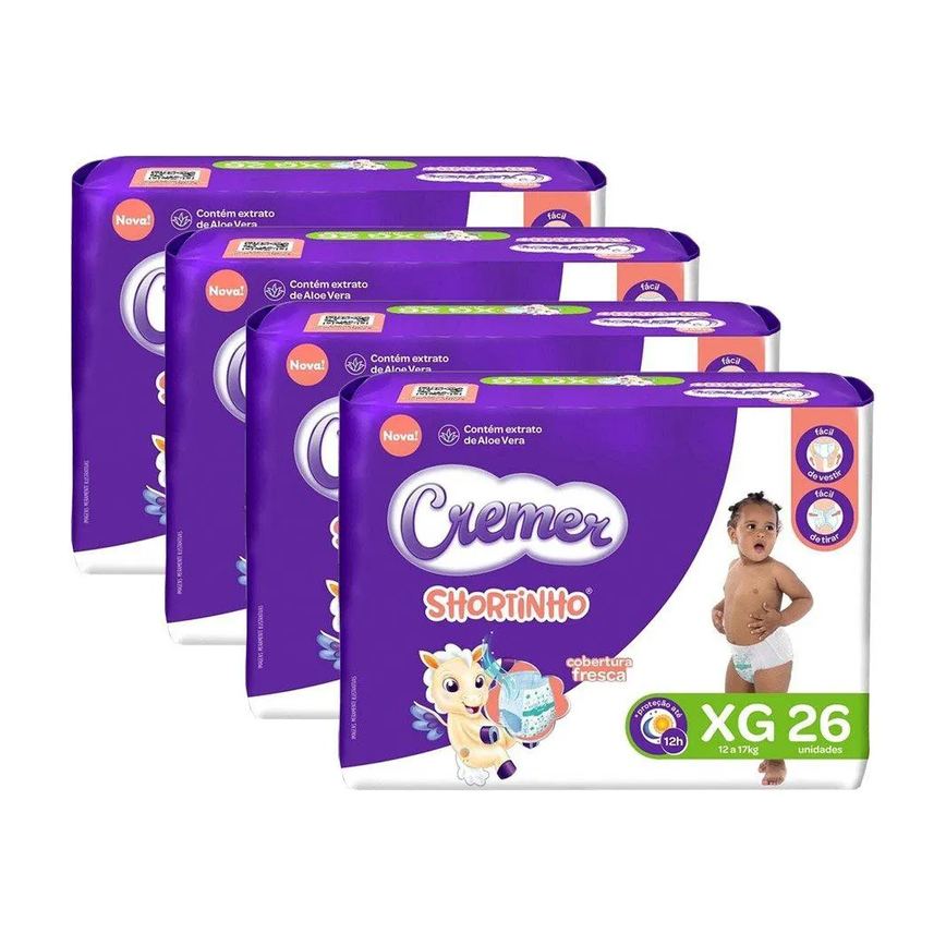 Fralda Descartável Cremer Shortinho Jumbo Tamanho Xg - 4 Pacotes com 26 Fraldas - Total 104 Tiras