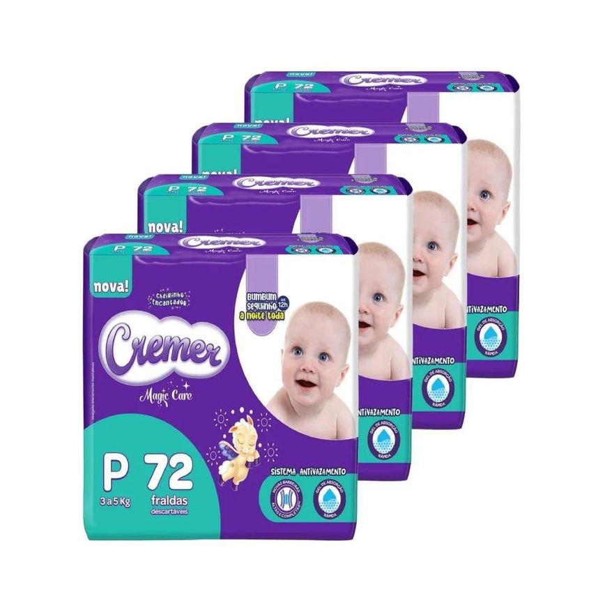 Fralda Descartável Cremer Magic Care Tamanho P - 4 Pacotes com 72 Fraldas - Total 288 Tiras