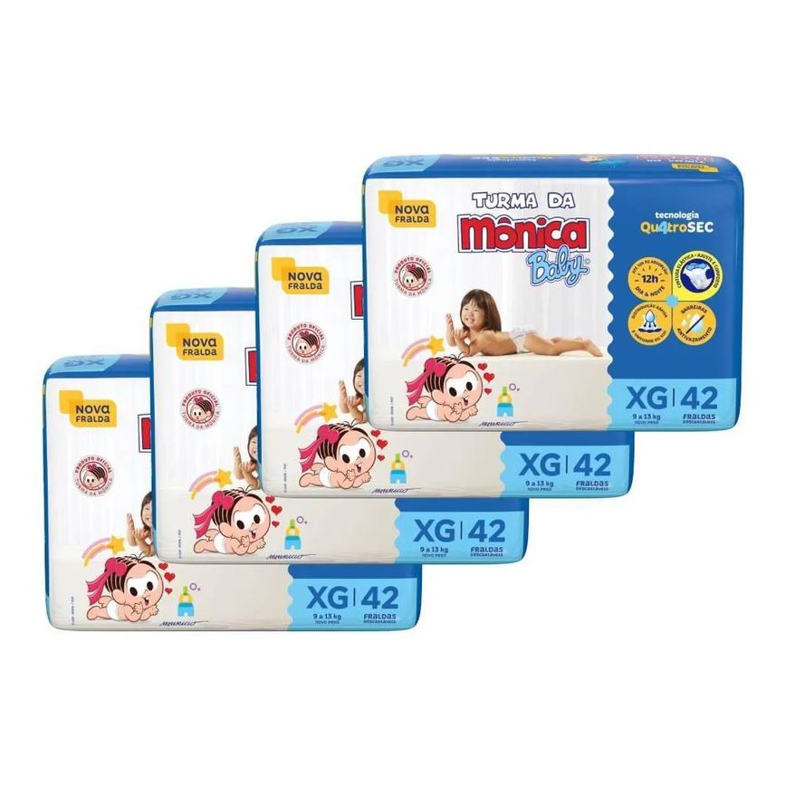 Fralda Descartável Turma da Mônica Tamanho Xg - 4 Pacotes com 42 Fraldas - Total 168 Tiras