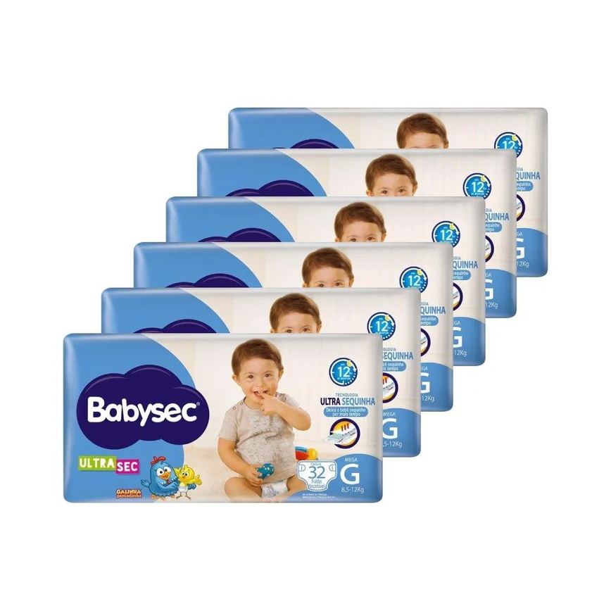 Fralda Descartável Babysec Galinha Pintadinha Ultra Mega Tamanho G - 6 Pacotes com 32 Fraldas - Total 192 Tiras