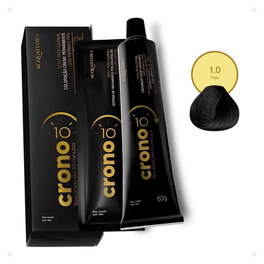 Coloração Creme Permanente Acquaflora Crono 10 Minutos 1.0 Preto 60g
