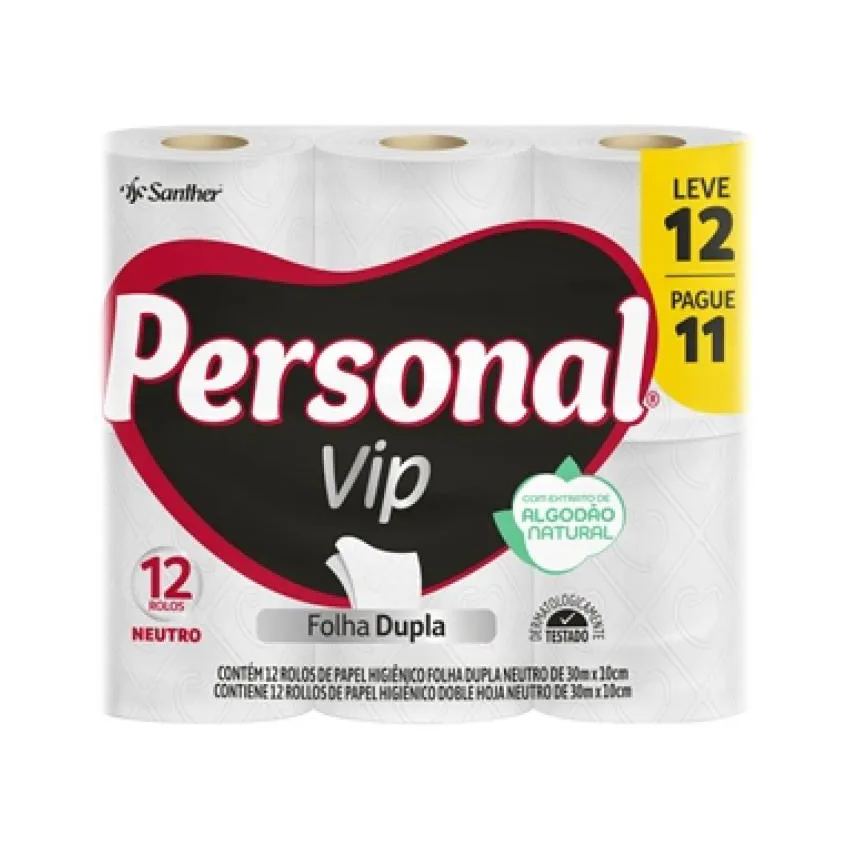 Papel Higiênico Personal Vip Folha Dupla Neutro 30m 6 Embalagem com 12 unidades