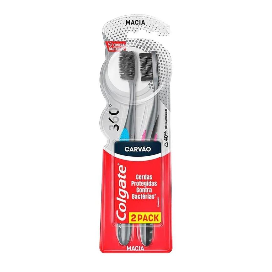 Escova Dental Colgate Contra Bactérias 360º Black Carvão Embalagem 2 unidades