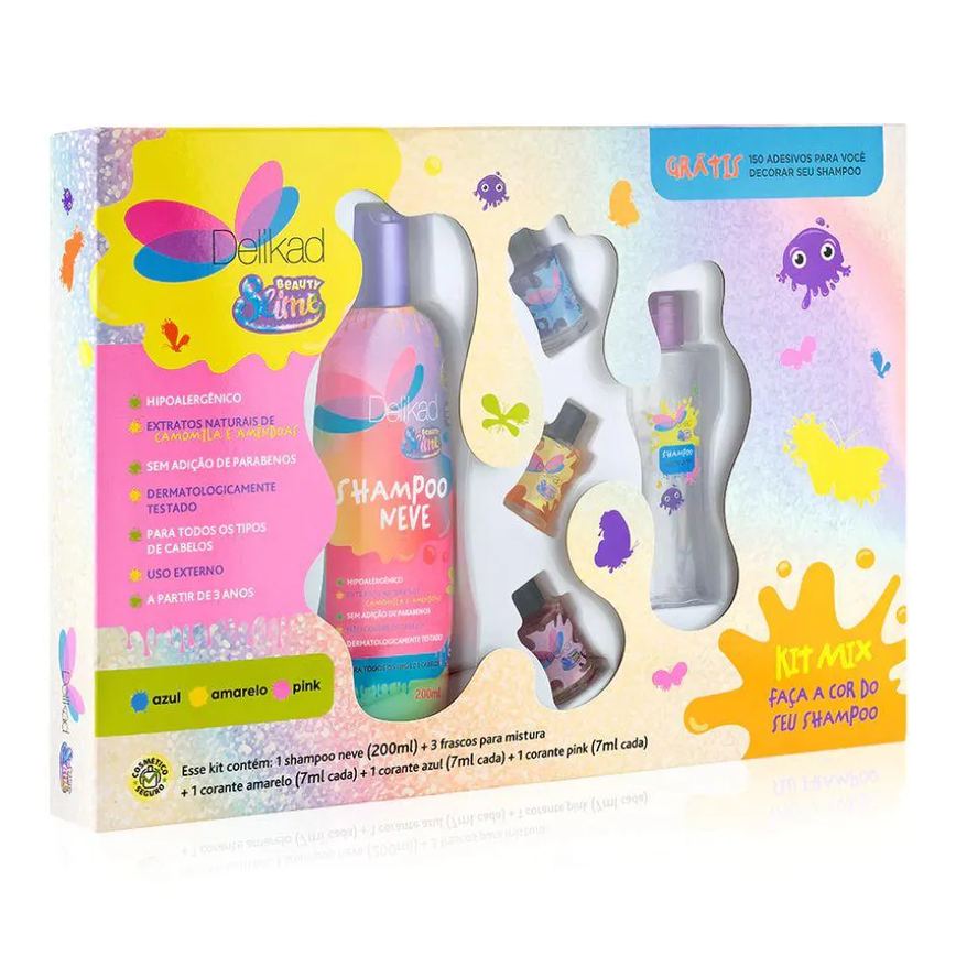 Kit Mix Beauty Slime ( Shampoo 200ml + 3 Frascos para Mistura + 3 Corantes Coloridos + 150 Adesivos )