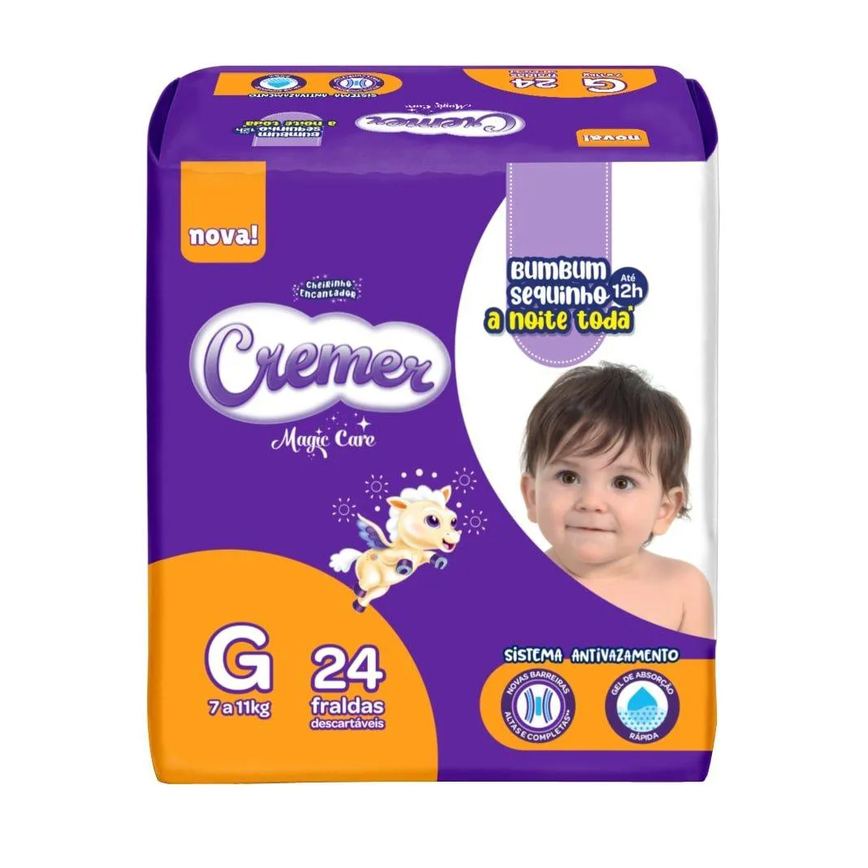Fralda Descartável Cremer Jumbo Tamanho G - 8 Pacotes com 24 Fraldas - Total 192 Tiras