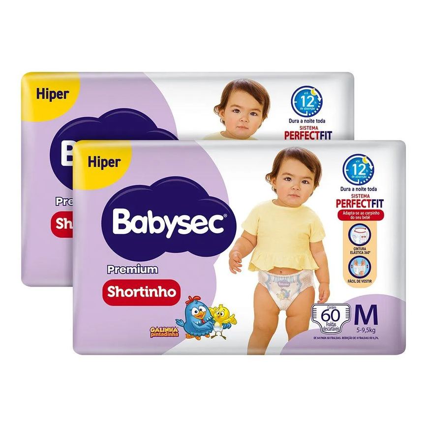 Fralda Descartável Babysec Shortinho Galinha Pintadinha Hiper Tamanho M - 2 Pacotes com 60 Fraldas - Total 120 Tiras