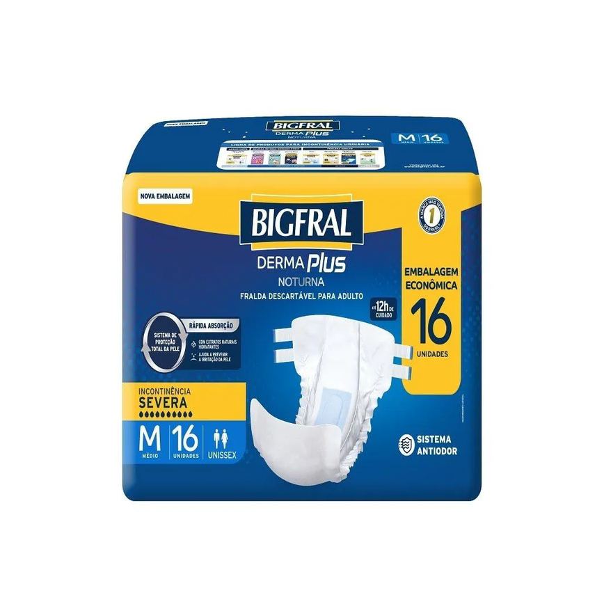 Fralda Descartável Adulto Bigfral Derma Plus Noturna Econômica Tamanho M - 4 Pacotes com 16 Fraldas - Total 64 Tiras
