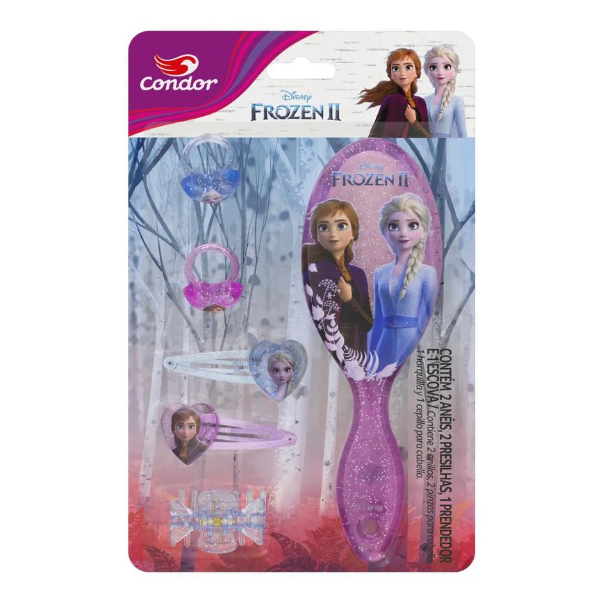 Kit Escova + Prendedor + 2 Presilhas + 2 Anéis Frozen Ii Condor