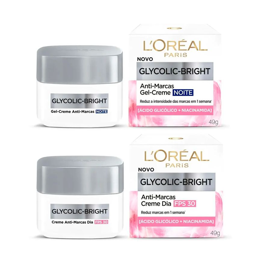 Kit L'Oreal Paris Anti-Marcas Glycolic-Bright - Creme Dia FPS30 + Gel-Creme Noite
