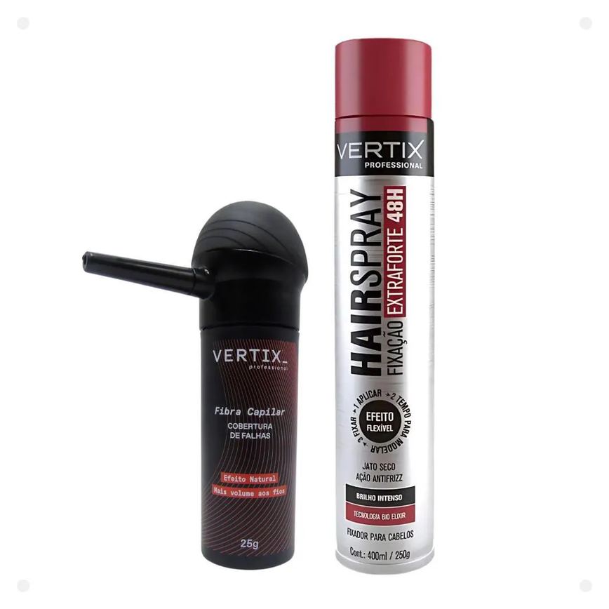 Kit Vertix: Fibra Capilar Castanho Médio, Aplicador e Spray Extraforte