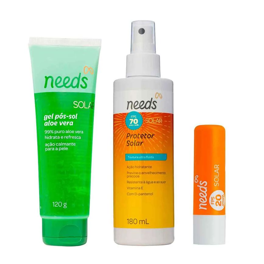 Kit Protetor Solar Needs Spray Corporal FPS 70 180ml + Labial FPS 20 3,6g + Gel Pós-sol 120g