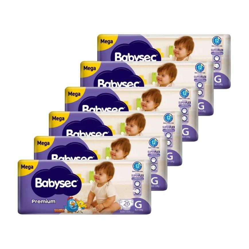 Fralda Descartável Babysec Premium Mega Tamanho G - 6 Pacotes com 26 Tiras - Total 156 Tiras