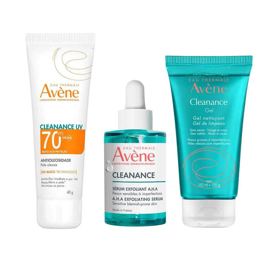 Kit Avène Cleanance Gel de Limpeza Rosto e Corpo + 1 Protetor Solar Facial UV FPS 70 + Sérum Esfoliante Eau Thermale A.H.A