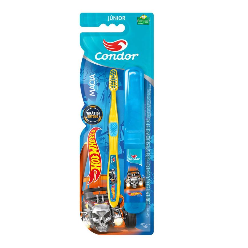 Escova Dental Macia Hot Wheels Condor Júnior Cabeça P Grátis Estojo Protetor