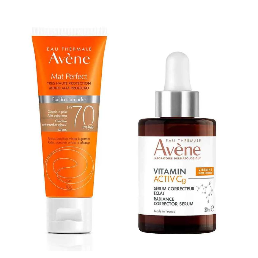 Kit Avène Facial Sérum Iluminador Intensivo Vitamin Activ Cg 30ml + Protetor Solar Mat Perfect FPS 70 Fluido Clareador Médio 40g