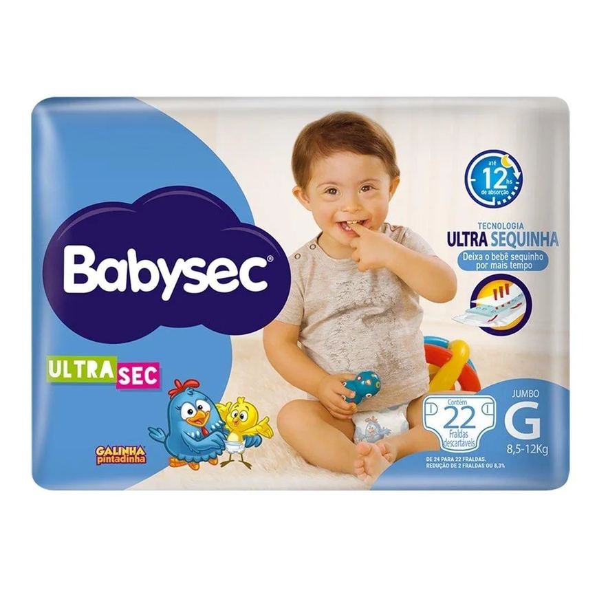 Fralda Descartável Babysec Ultra Sec Galinha Pintadinha Jumbo Tamanho G - 8 Pacotes com 22 Fraldas - Total 176 Tiras