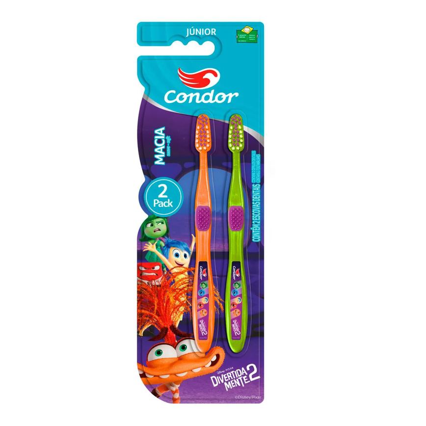 Escova de Dente Condor Divertida Mente 2 Júnior Macia Cabeça P 2 Unidades
