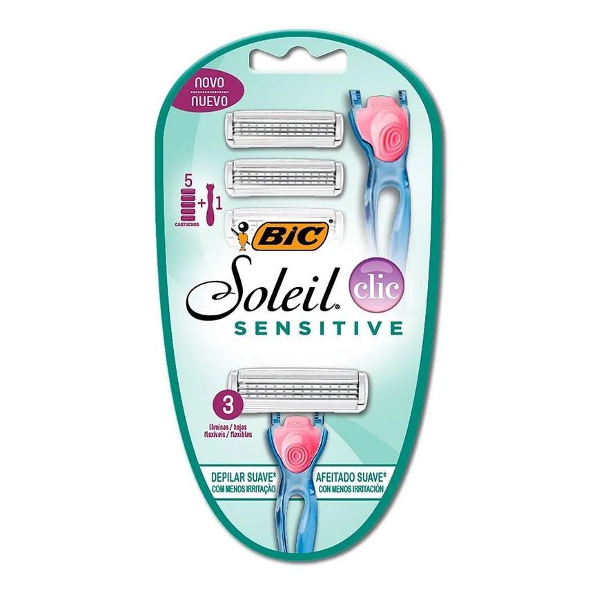 Aparelho de Barbear Bic Soleil Sensitive Click 3 Lâmina Flexível + 5 Cargas