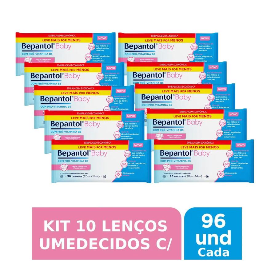 Kit 10 Lenços Umedecidos Hipoalergênicos 96Un Cada - Bepantol