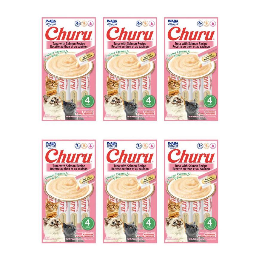 CAIXA 6 UNIDADES PETISCO PURê CHURU ATUM E SALMãO PARA GATOS 56G
