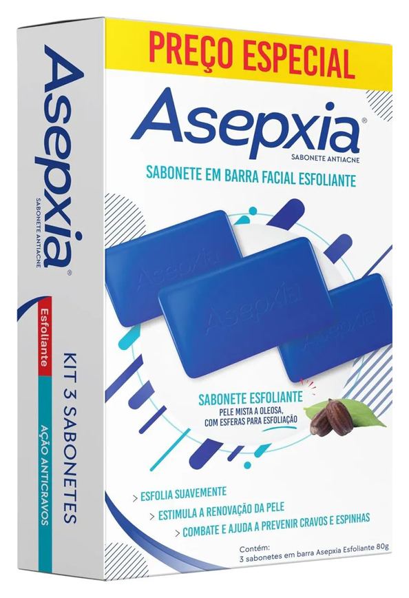 Sabonete em Barra Asepxia Esfoliante - Ação Anti Cravos - Kit com 3 Unidades de 80g
