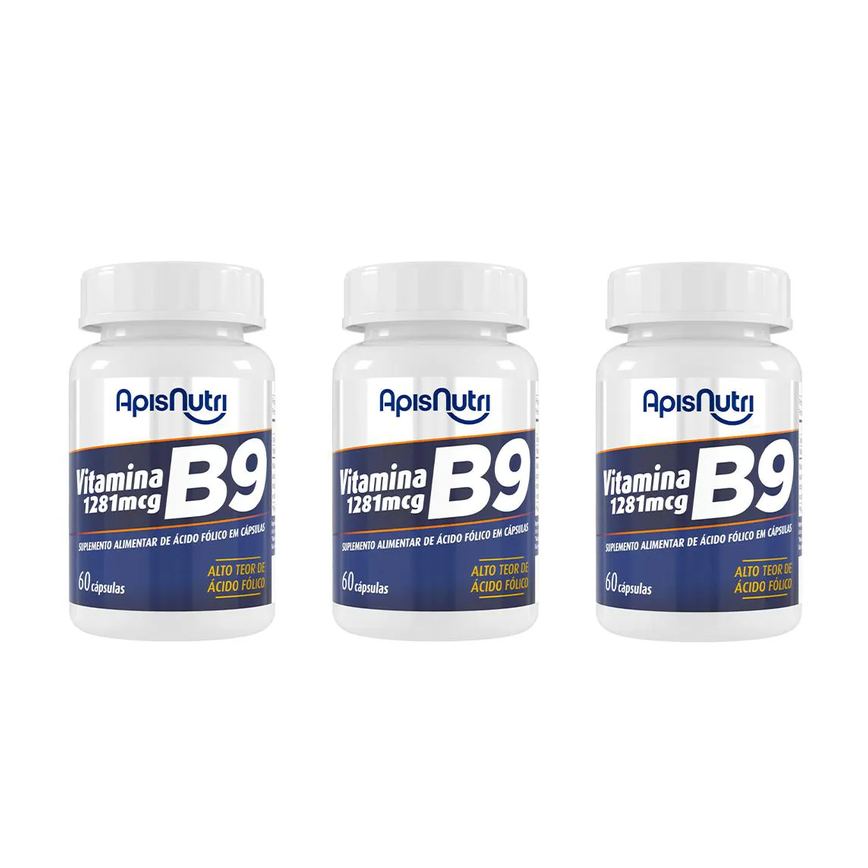 Kit 3 Vitamina B9 1281mcg Acido Folico 60 cápsulas - Apisnutri