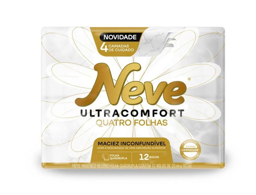 Papel Higiênico Neve Folha Quadrupla Neutro Ultracomfort 20M Pacote 12 Unidades