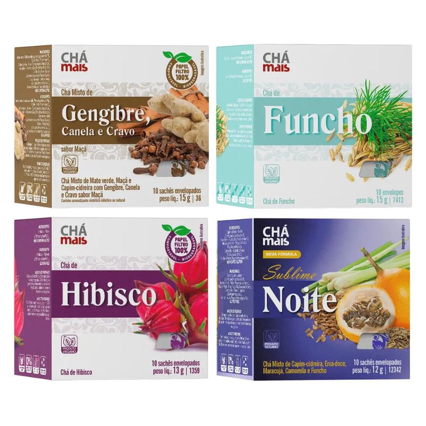 Kit Chás Gengibre, Cravo E Canela + Funcho + Hibisco + Sublime Noite - Chá Mais