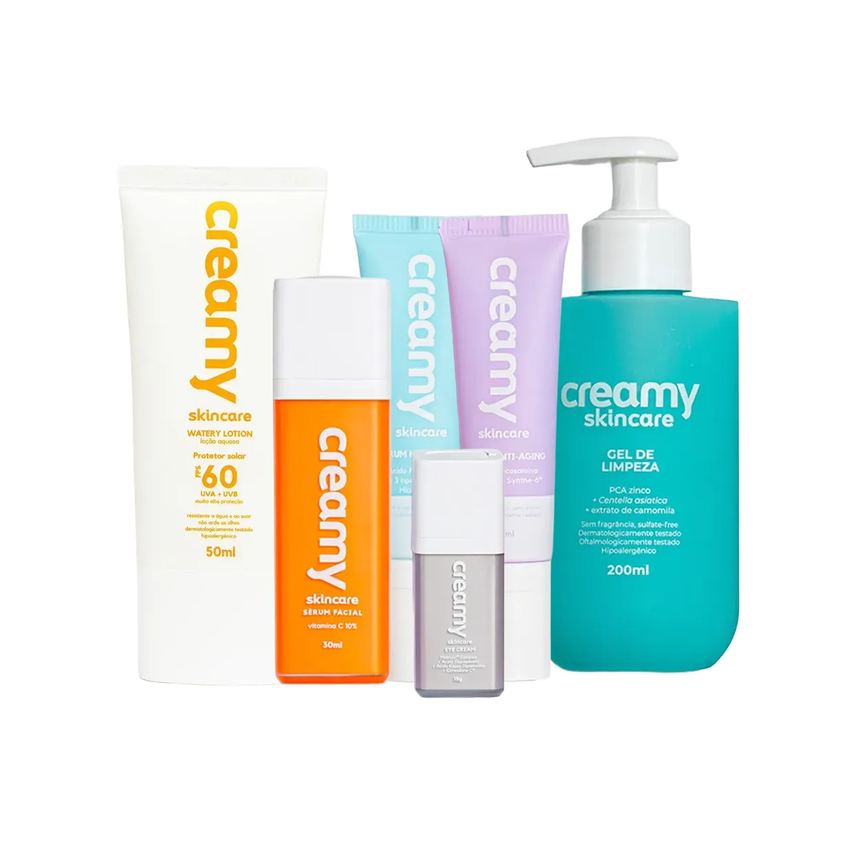 Kit Facial Creamy Gel de Limpeza 200ml + Sérum Vitamina C 30g + Sérum Anti-Idade 30ml + Sérum Hidratante 30ml + Creme para Área dos Olhos 15g + Protetor Solar FPS 60 50ml