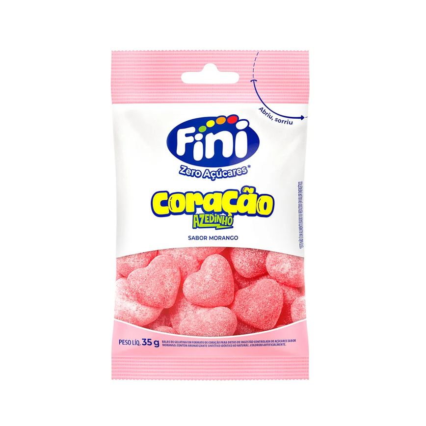 Balas de Gelatina Fini Zero Açúcares Coração Morango Azedinho 35g
