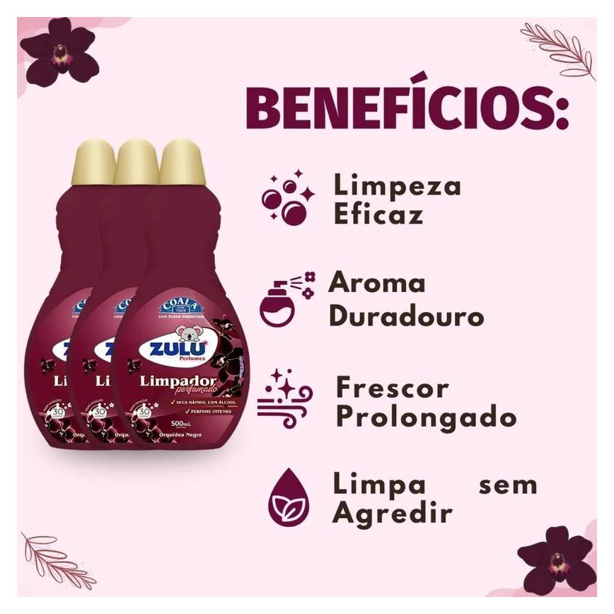Kit Coala Zulu Perfumes: 3 Limpadores Perfumados Orquídea Negra 500ml