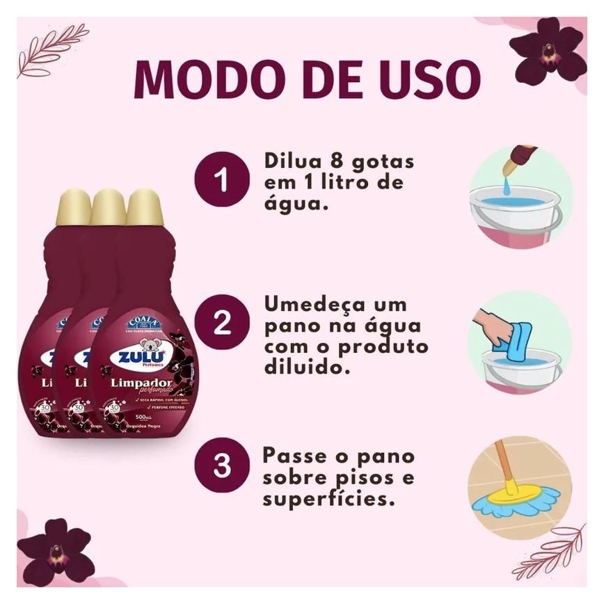 Kit Coala Zulu Perfumes: 3 Limpadores Perfumados Orquídea Negra 500ml