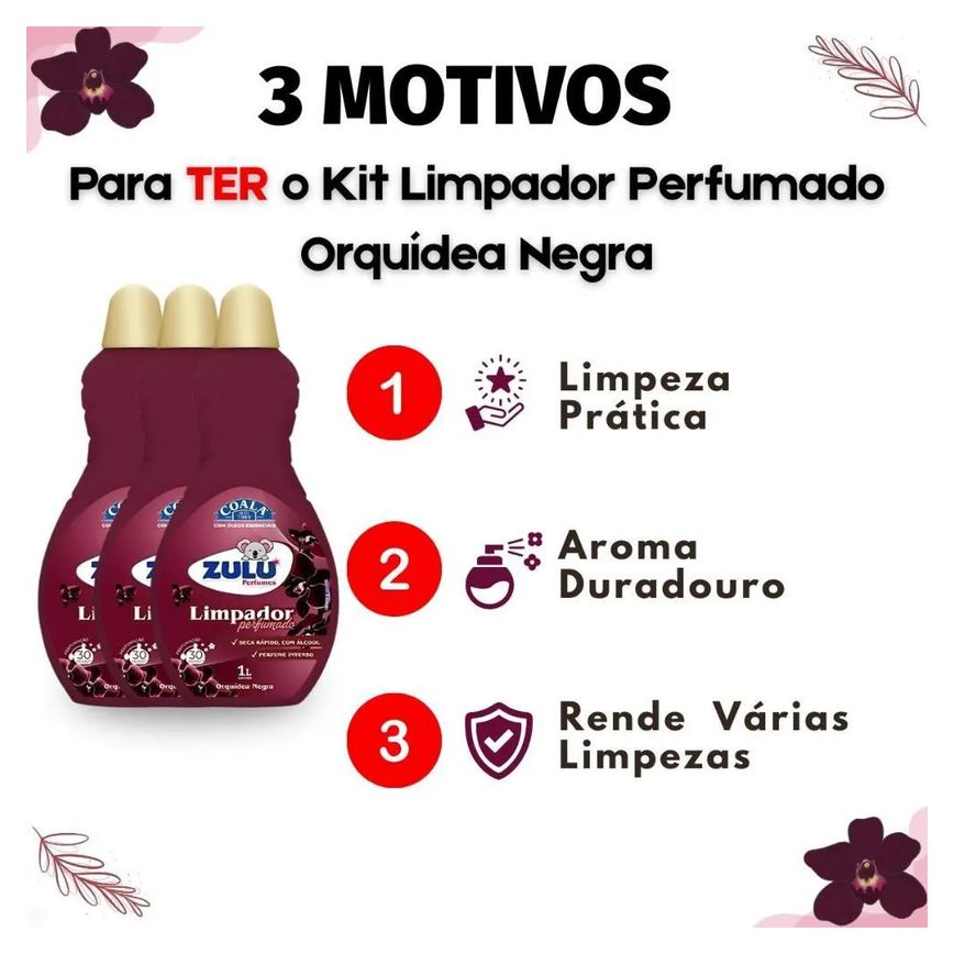 Kit Coala Zulu Perfumes: 3 Limpadores Perfumados Orquídea Negra 1l