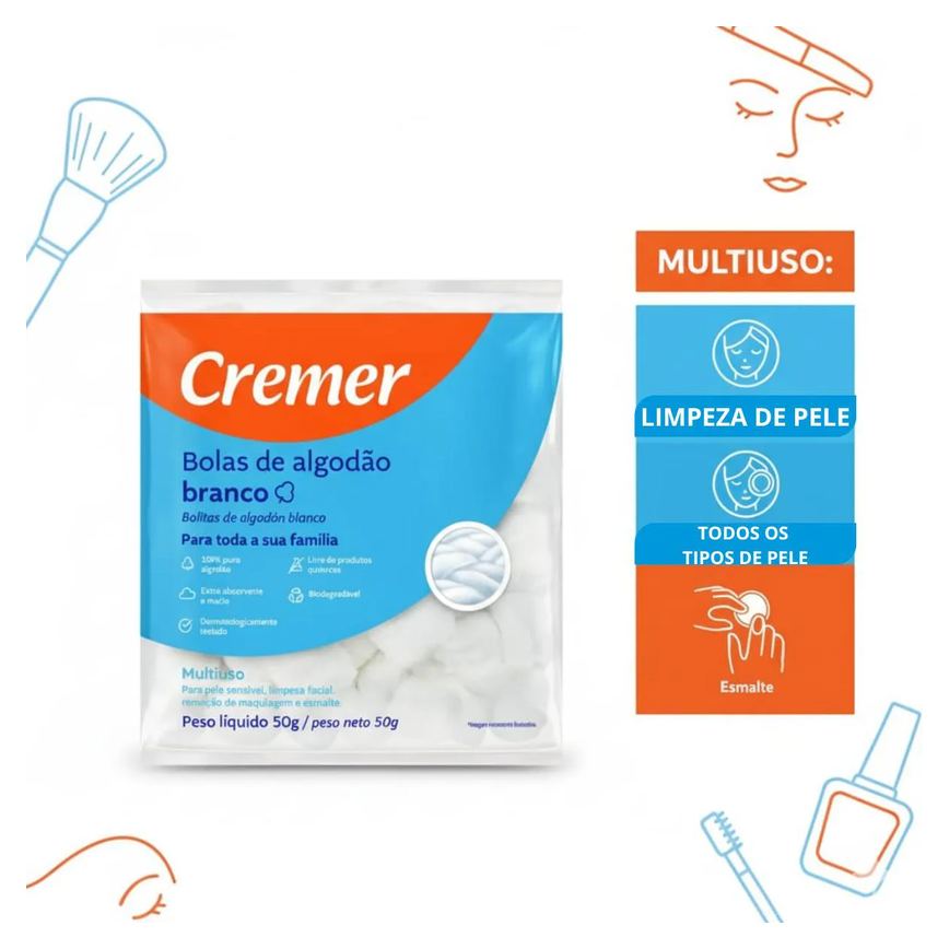 Algodão Bola Branco Cremer 50G Puro Pacote Unhas - Curativo