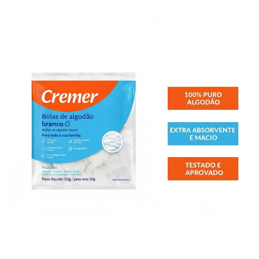Algodão Bola Branco Cremer 50G Puro Pacote Unhas - Curativo