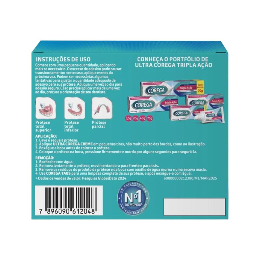 Kit Creme Fixador de Dentadura Corega Ultra Tripla Ação Sem Sabor 20g 2 unidades