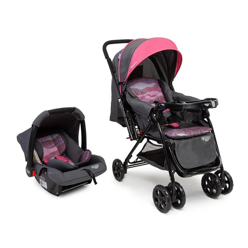 Carrinho com Bebê Conforto Travel System Reverse Duo Rosa Onda - Cosco Kids