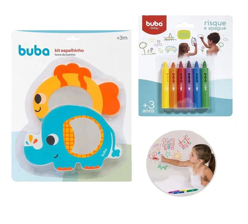 Kit Espelhinhos para Banho 2Und + Giz de Banho Risque e Apague 6 Cores Buba