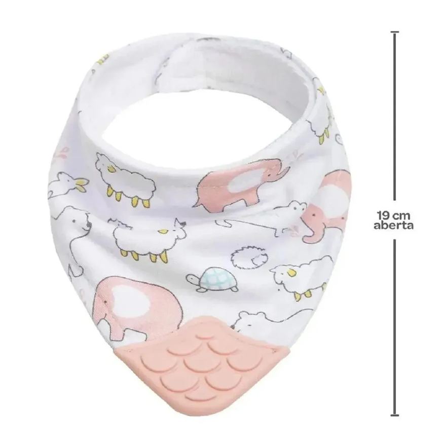 Kit Joelheira Infantil Antiderrapante +6M + Babador Bandana C/Mordedor Animais Rosa Buba