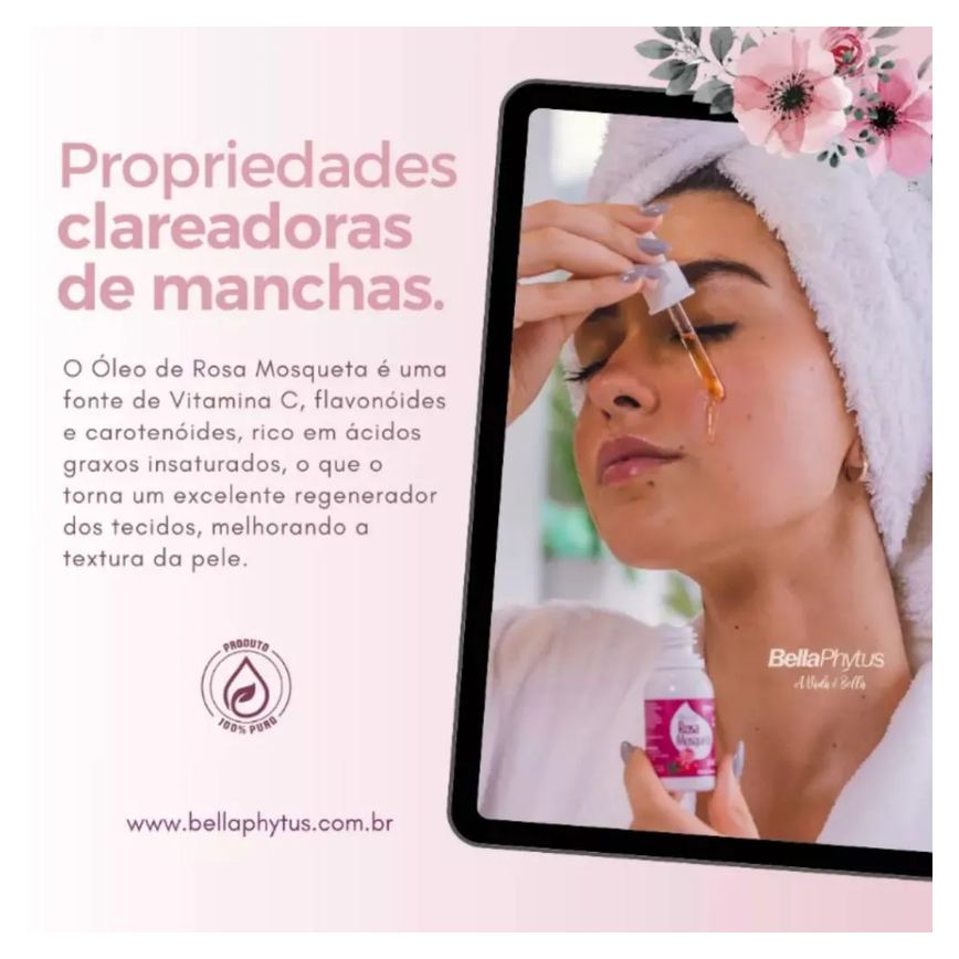Rosa Mosqueta Rubiginosa Óleo 100% Puro 30Ml - Bellaphytus Clareador Facial e Corporal