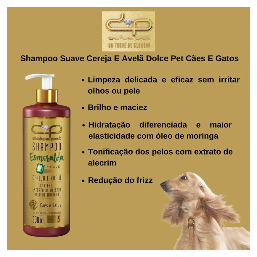 Kit 2 Shampoo Suave Cereja e Avelã Dolce Pet Cães e Gatos - 500 Ml