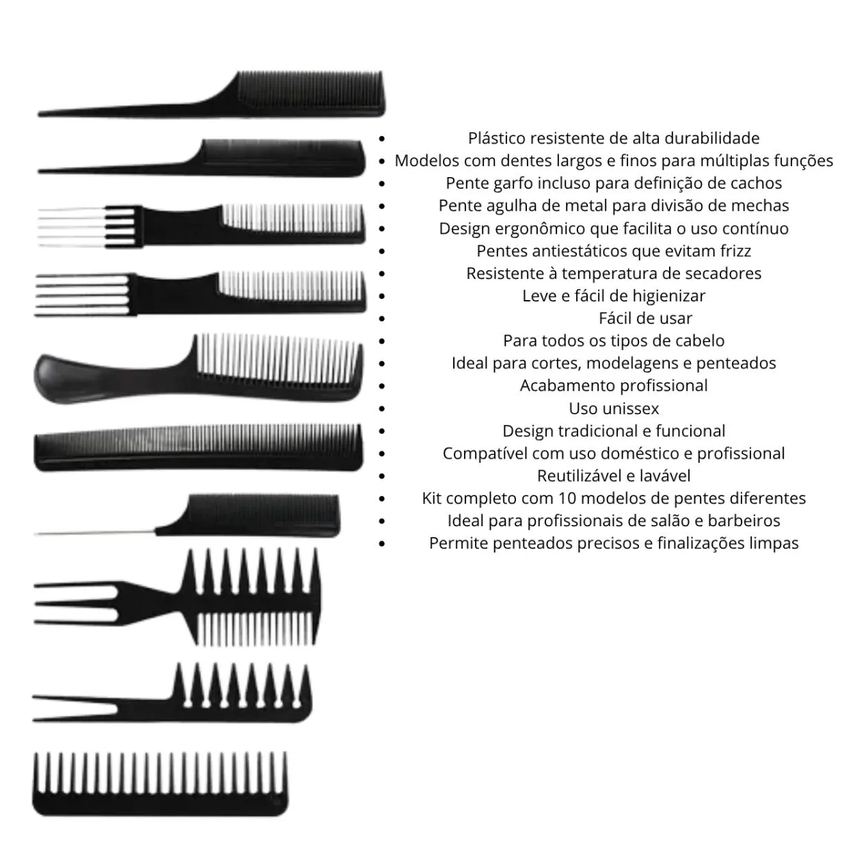 Kit 10 Pentes Profissional Cabeleireiro Pente Fino Garfo Salão Barbeiro para Corte
