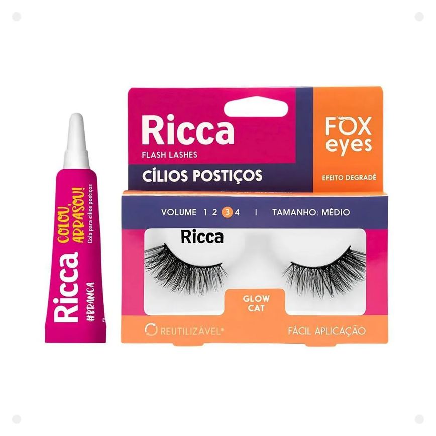 Cílios Postiços + Cola Branca Ricca Belliz Fox Eyes Glow Cat Vol:3 Médio Cód.2694