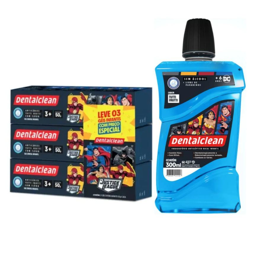 Enxaguante + 3 Gel Dental Liga da Justiça - Dentalclean